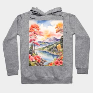 Japan mountain lake trees watercolor Hoodie